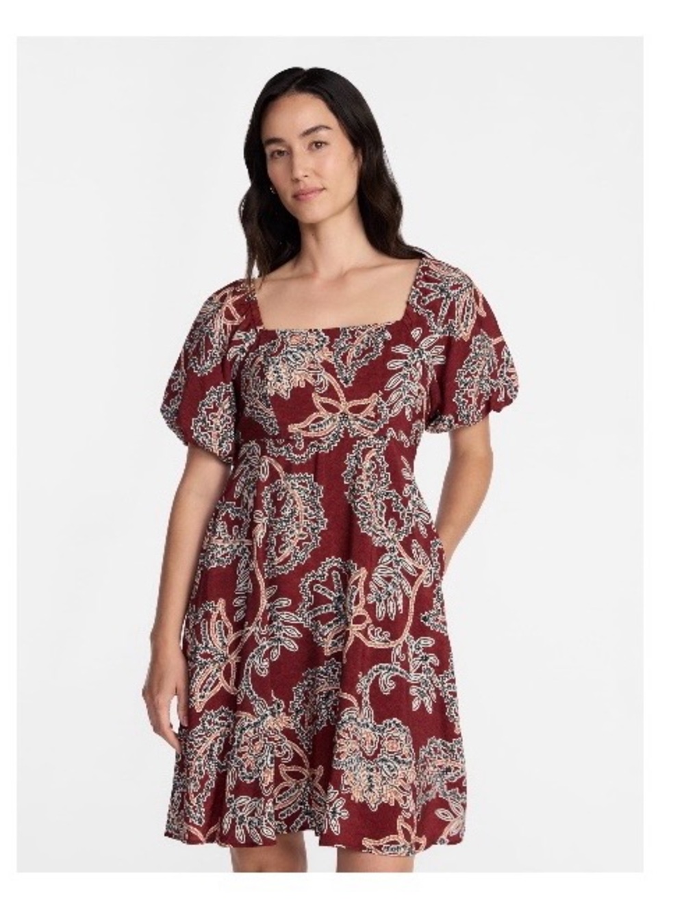 Time and Tru Burgundy Paisley Square-Neck Mini Dress